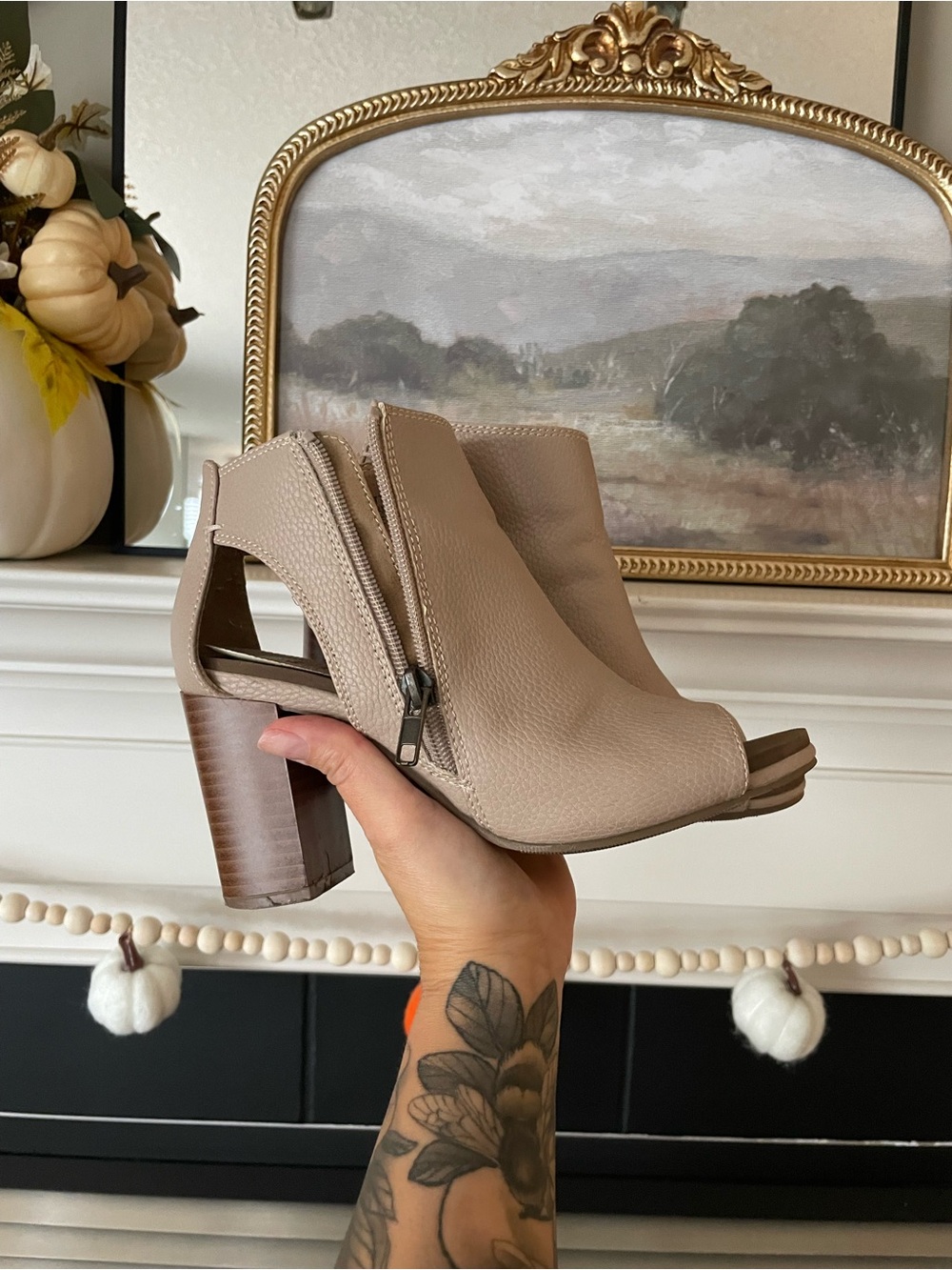 Women's Groove Taupe Open-Toe Block Heel Ankle Booties